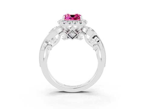 White gold Cushion Cut Pink Sapphire Halo Ring with Milgrain Pavé Band and Four-Prong Setting_15