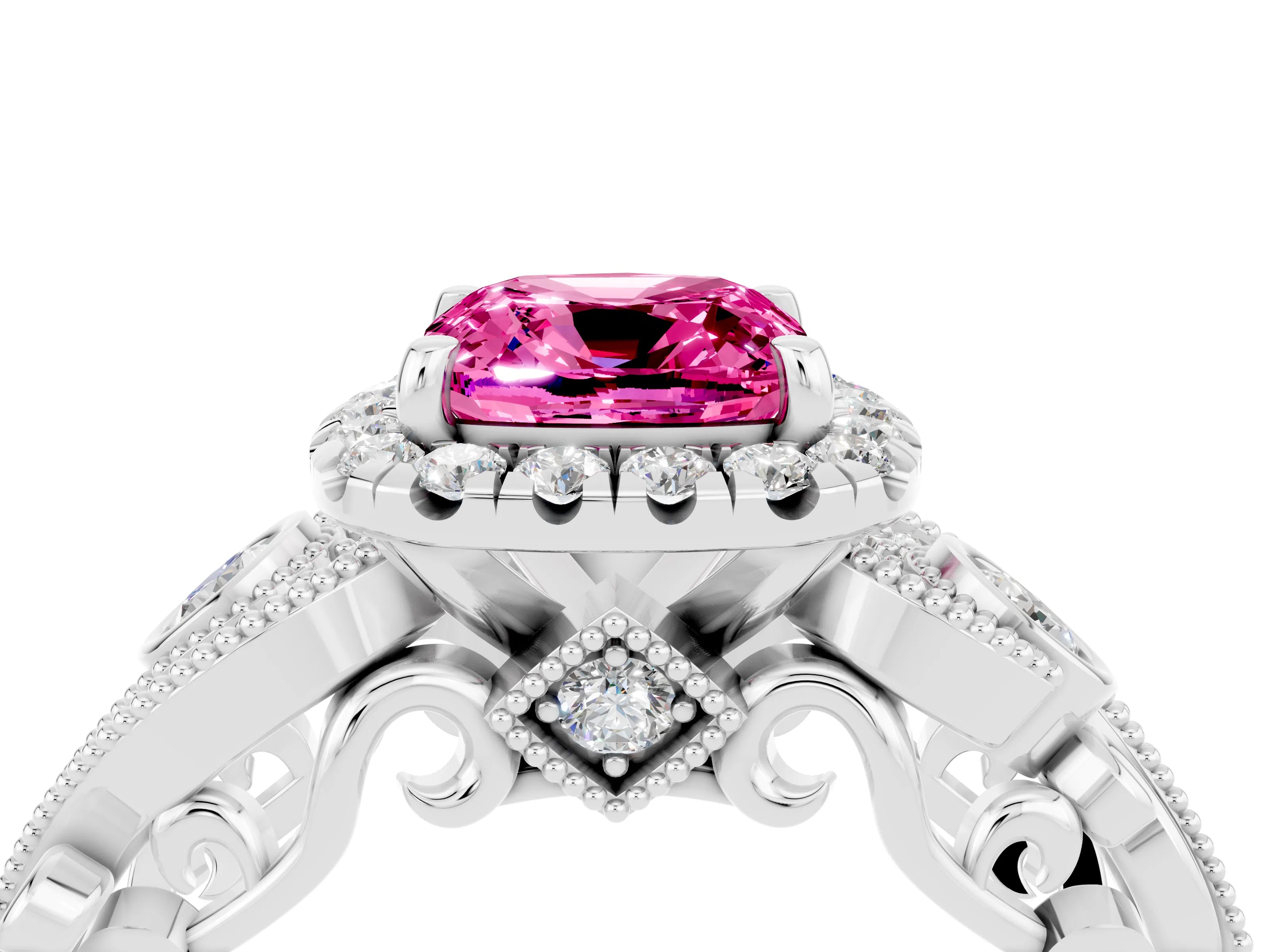 White gold Cushion Cut Pink Sapphire Halo Ring with Milgrain Pavé Band and Four-Prong Setting_16