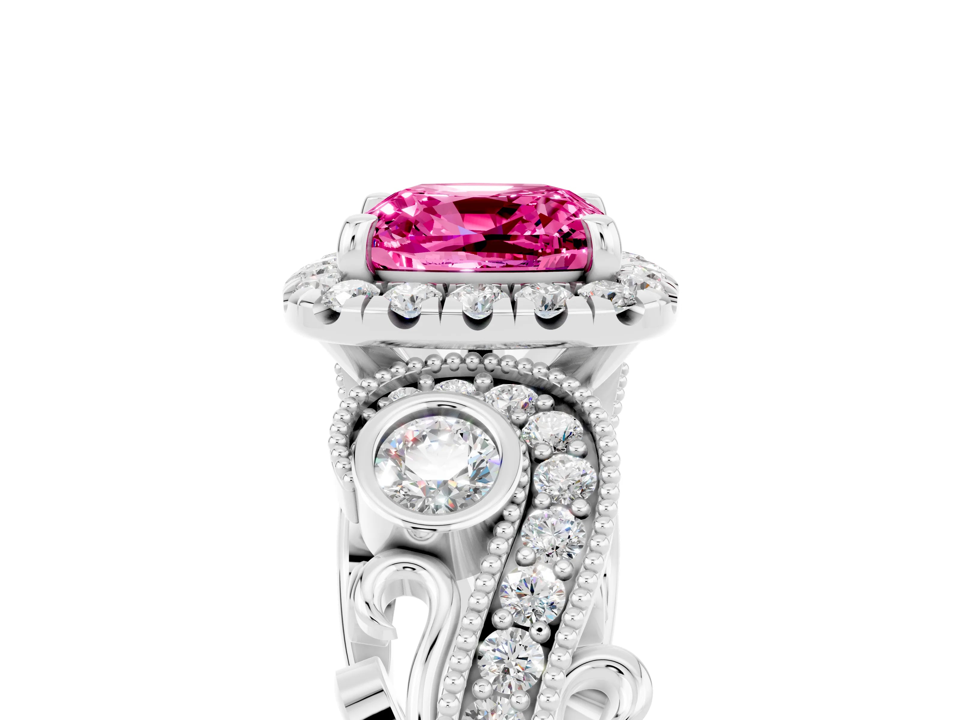 White gold Cushion Cut Pink Sapphire Halo Ring with Milgrain Pavé Band and Four-Prong Setting_17