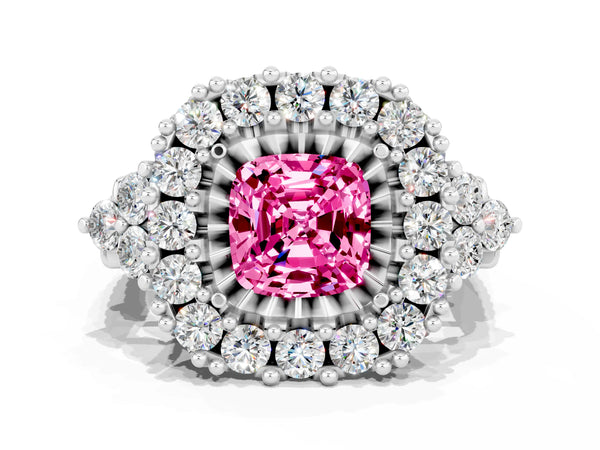 Platinum Cushion Cut Pink Sapphire Halo Ring with Pavé Band and Four-Prong Setting