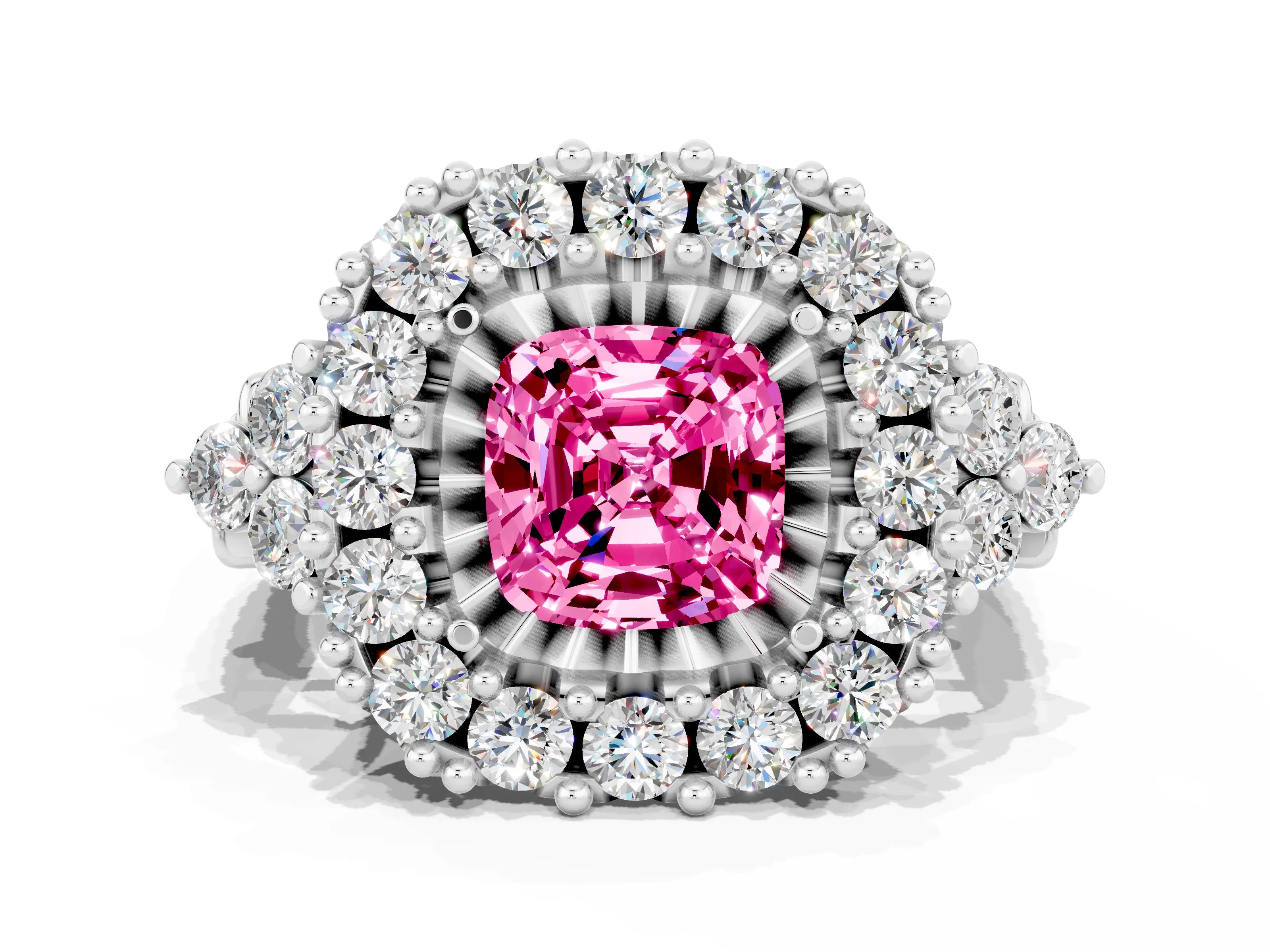 White gold Cushion Cut Pink Sapphire Halo Ring with Pavé Band and Four-Prong Setting_12