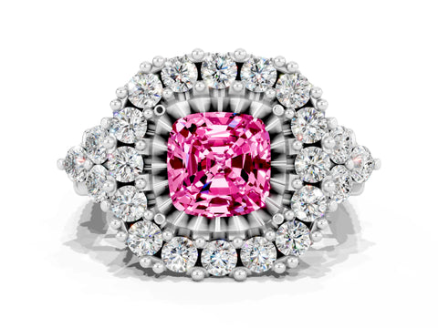 White gold Cushion Cut Pink Sapphire Halo Ring with Pavé Band and Four-Prong Setting_12