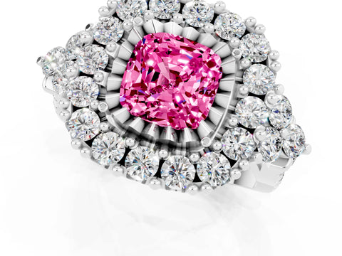 White gold Cushion Cut Pink Sapphire Halo Ring with Pavé Band and Four-Prong Setting_13