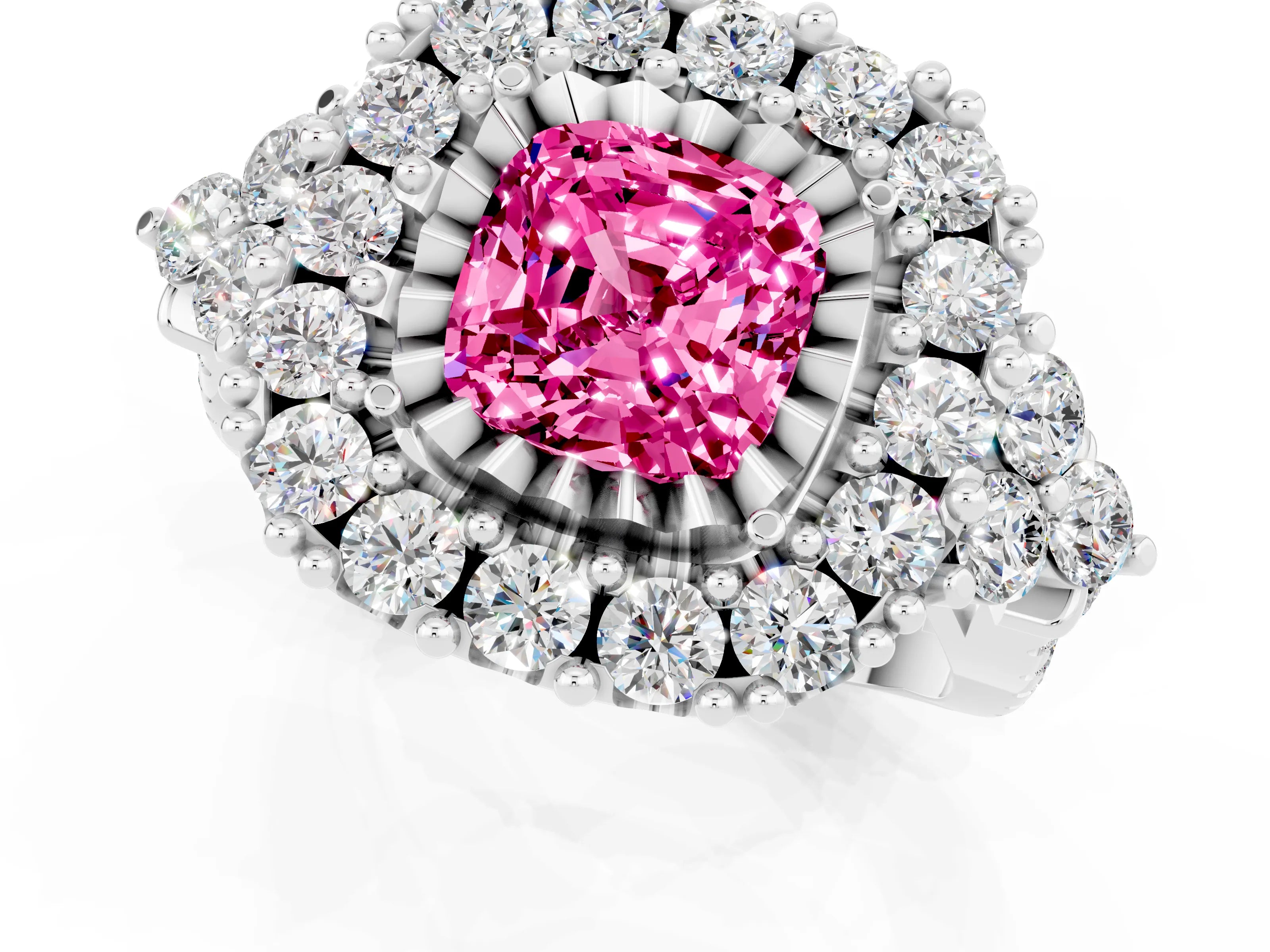 White gold Cushion Cut Pink Sapphire Halo Ring with Pavé Band and Four-Prong Setting_13