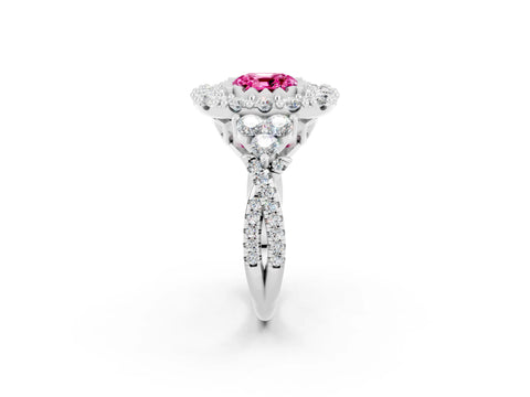 White gold Cushion Cut Pink Sapphire Halo Ring with Pavé Band and Four-Prong Setting_14