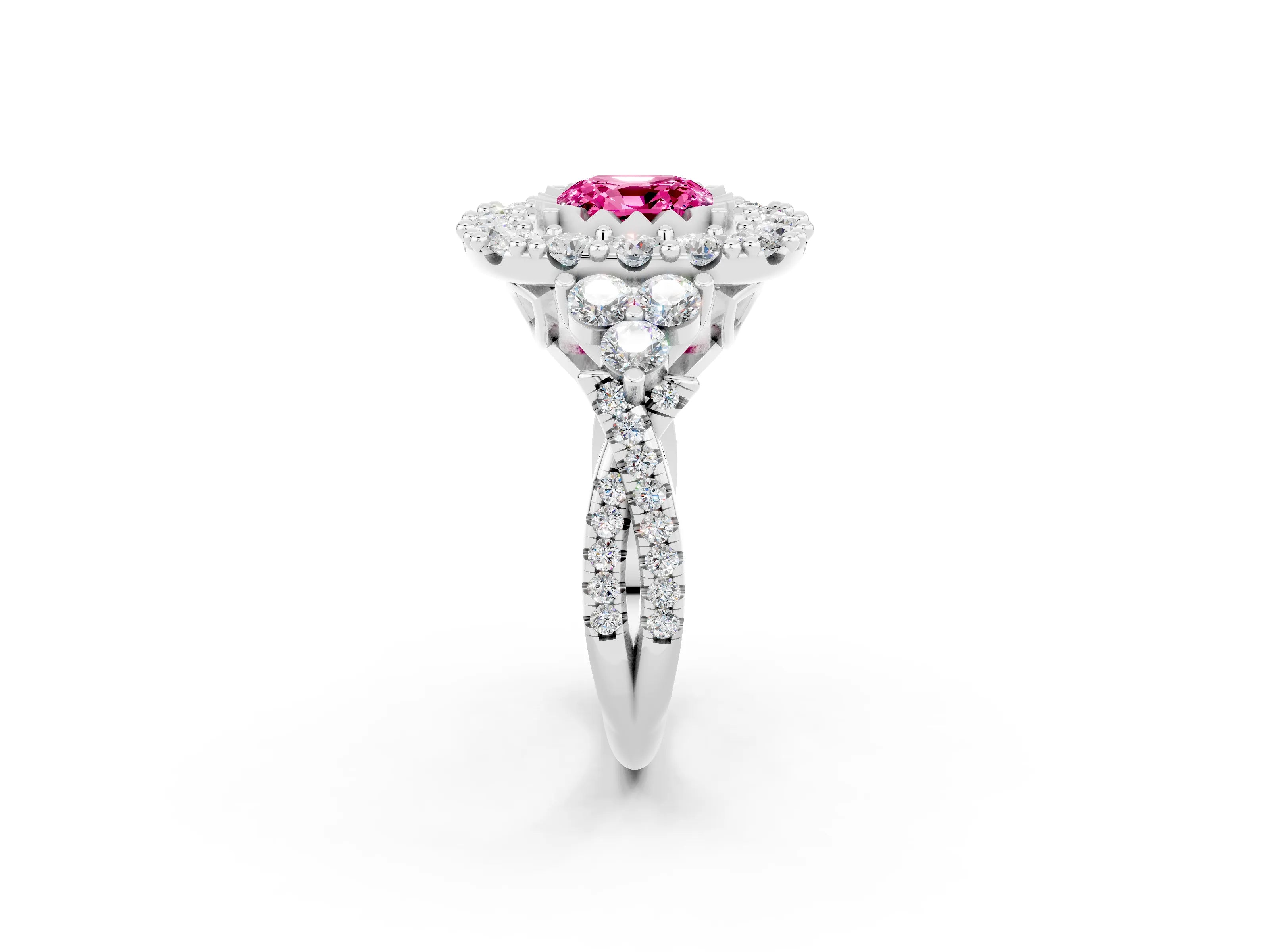 White gold Cushion Cut Pink Sapphire Halo Ring with Pavé Band and Four-Prong Setting_14