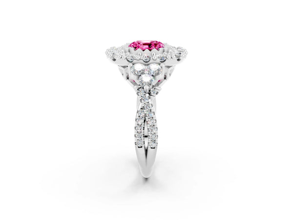 Silver Cushion Cut Pink Sapphire Halo Ring with Pavé Band and Four-Prong Setting