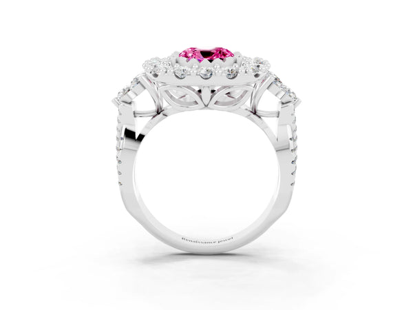 Platinum Cushion Cut Pink Sapphire Halo Ring with Pavé Band and Four-Prong Setting