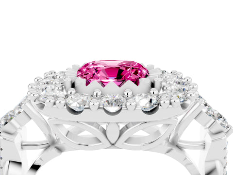 White gold Cushion Cut Pink Sapphire Halo Ring with Pavé Band and Four-Prong Setting_16