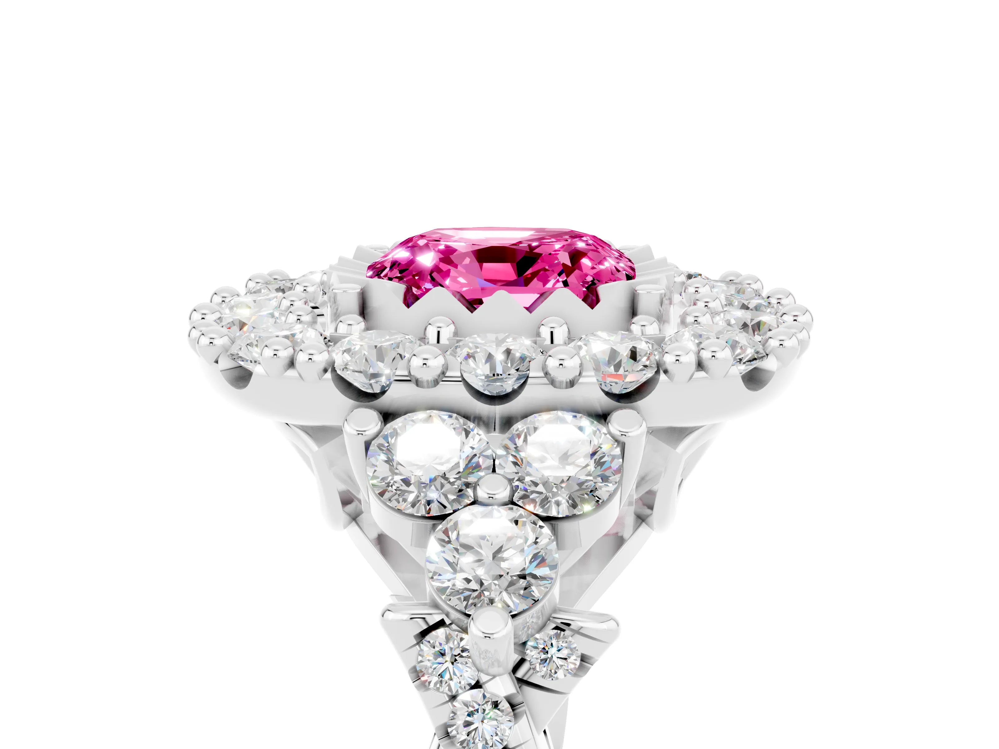 White gold Cushion Cut Pink Sapphire Halo Ring with Pavé Band and Four-Prong Setting_17