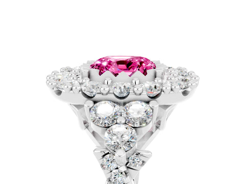 White gold Cushion Cut Pink Sapphire Halo Ring with Pavé Band and Four-Prong Setting_17