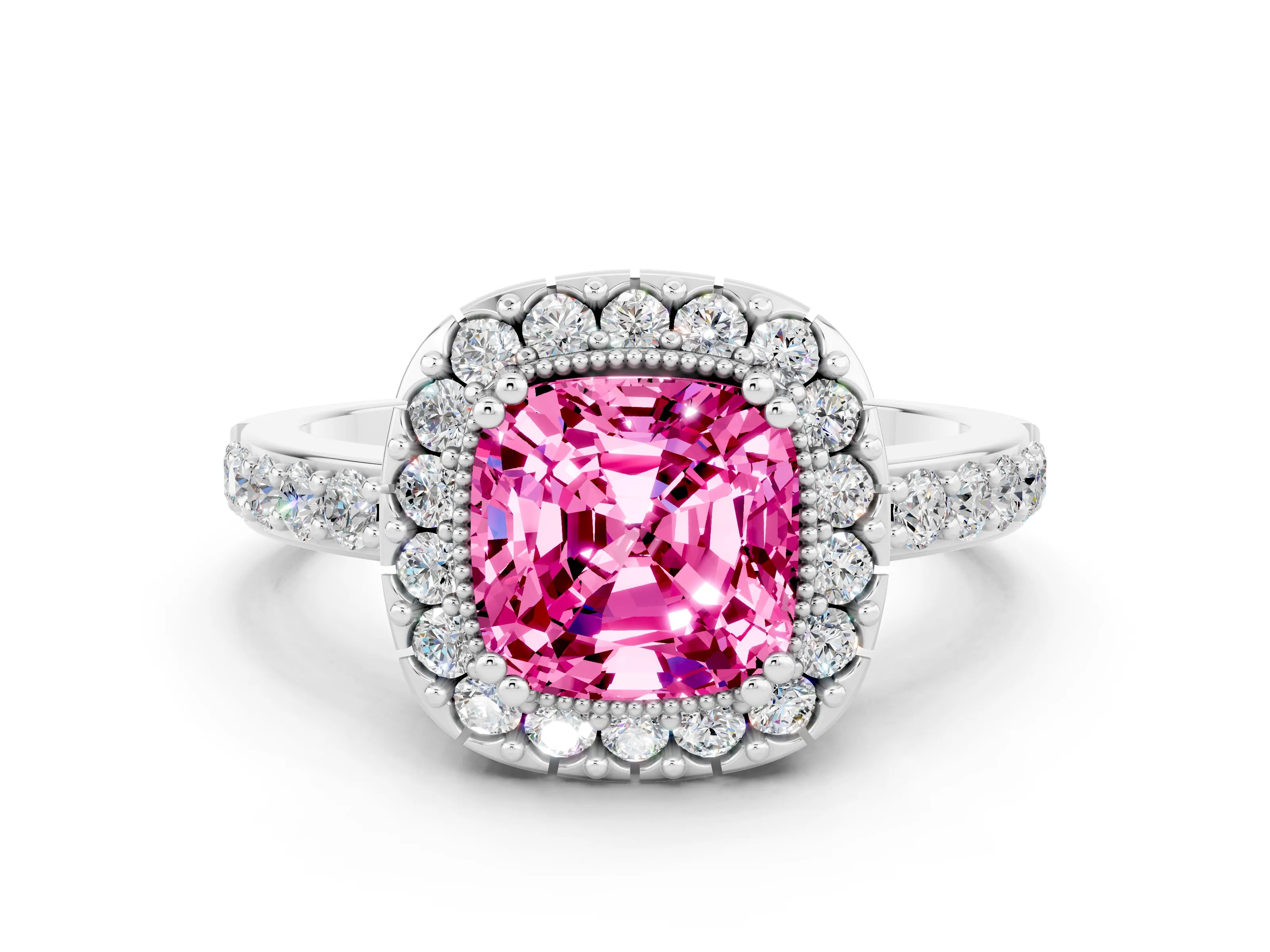 White gold Cushion Cut Pink Sapphire Halo Ring with Pavé Band and Prong Setting