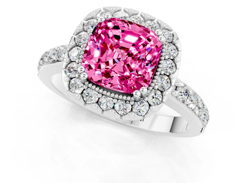 White gold Cushion Cut Pink Sapphire Halo Ring with Pavé Band and Prong Setting_1