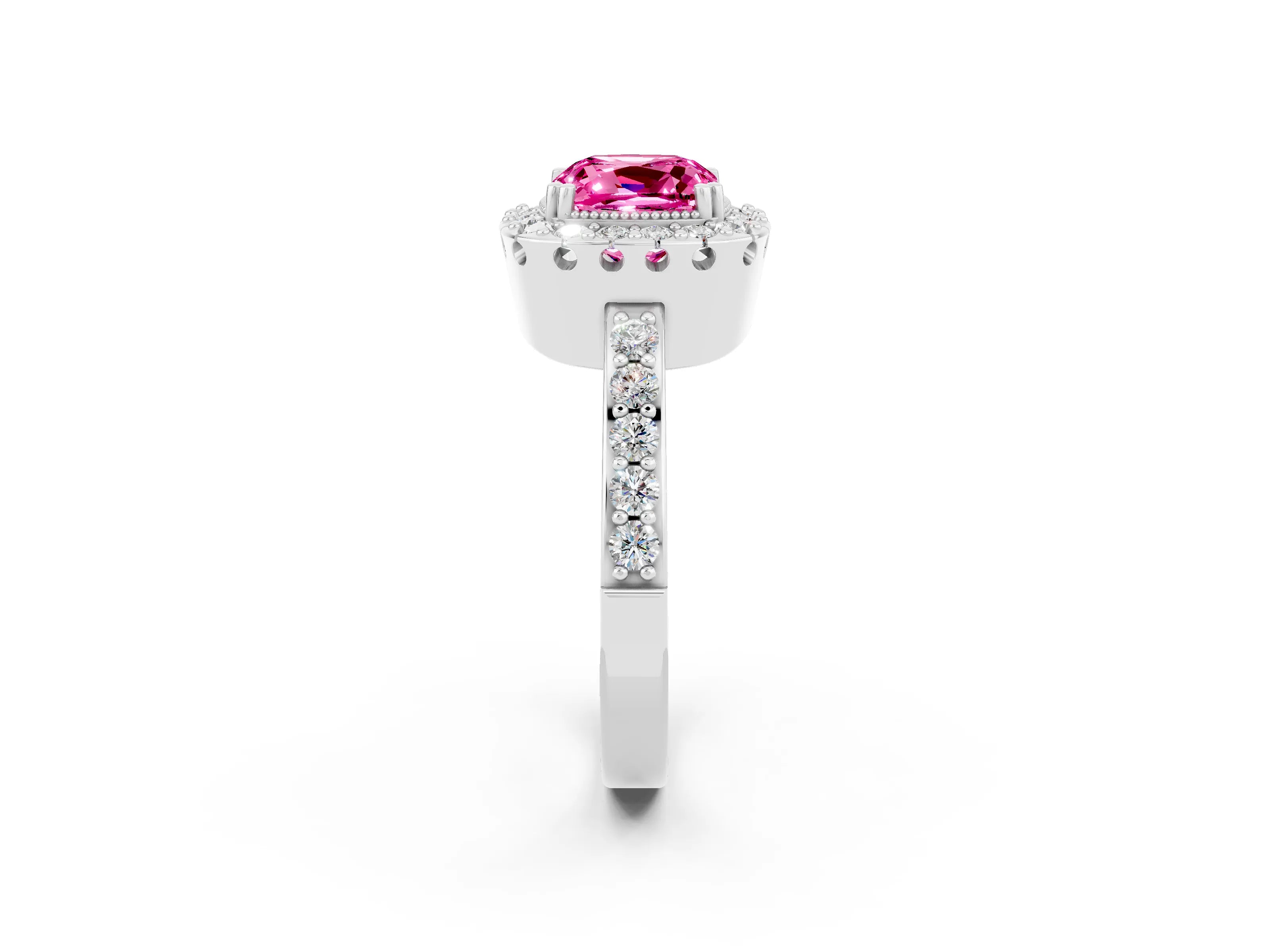 White gold Cushion Cut Pink Sapphire Halo Ring with Pavé Band and Prong Setting_2