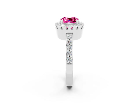 White gold Cushion Cut Pink Sapphire Halo Ring with Pavé Band and Prong Setting_2
