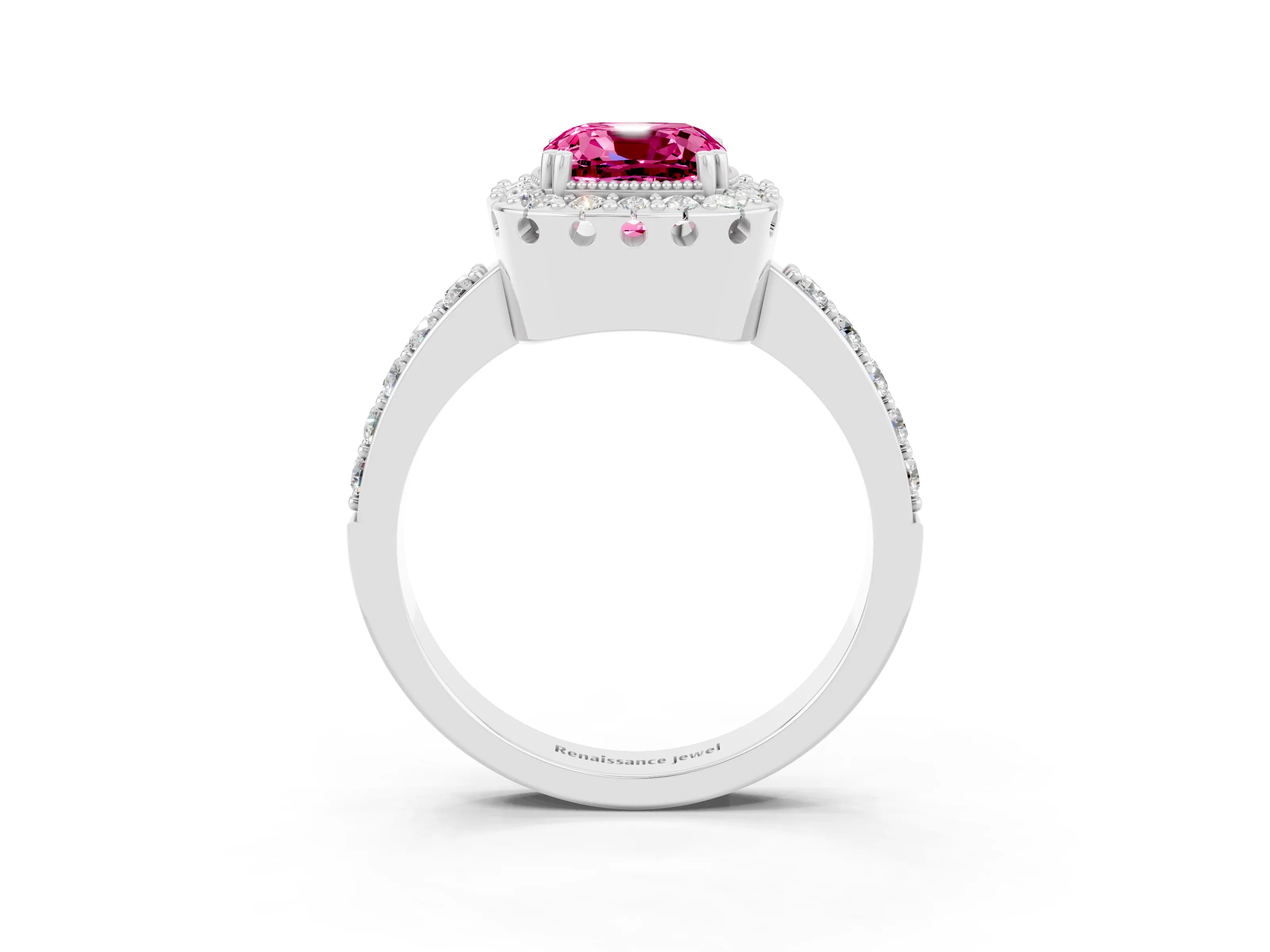 White gold Cushion Cut Pink Sapphire Halo Ring with Pavé Band and Prong Setting_3