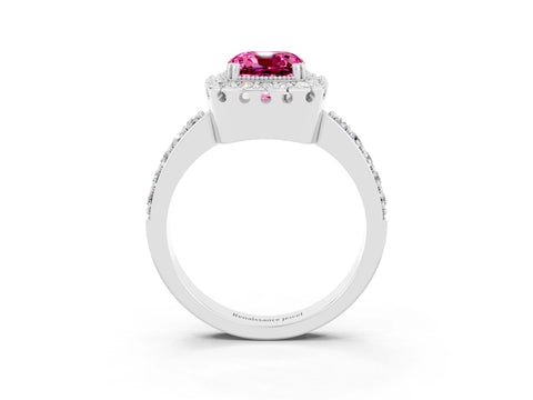 White gold Cushion Cut Pink Sapphire Halo Ring with Pavé Band and Prong Setting_3