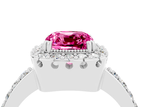 White gold Cushion Cut Pink Sapphire Halo Ring with Pavé Band and Prong Setting_4