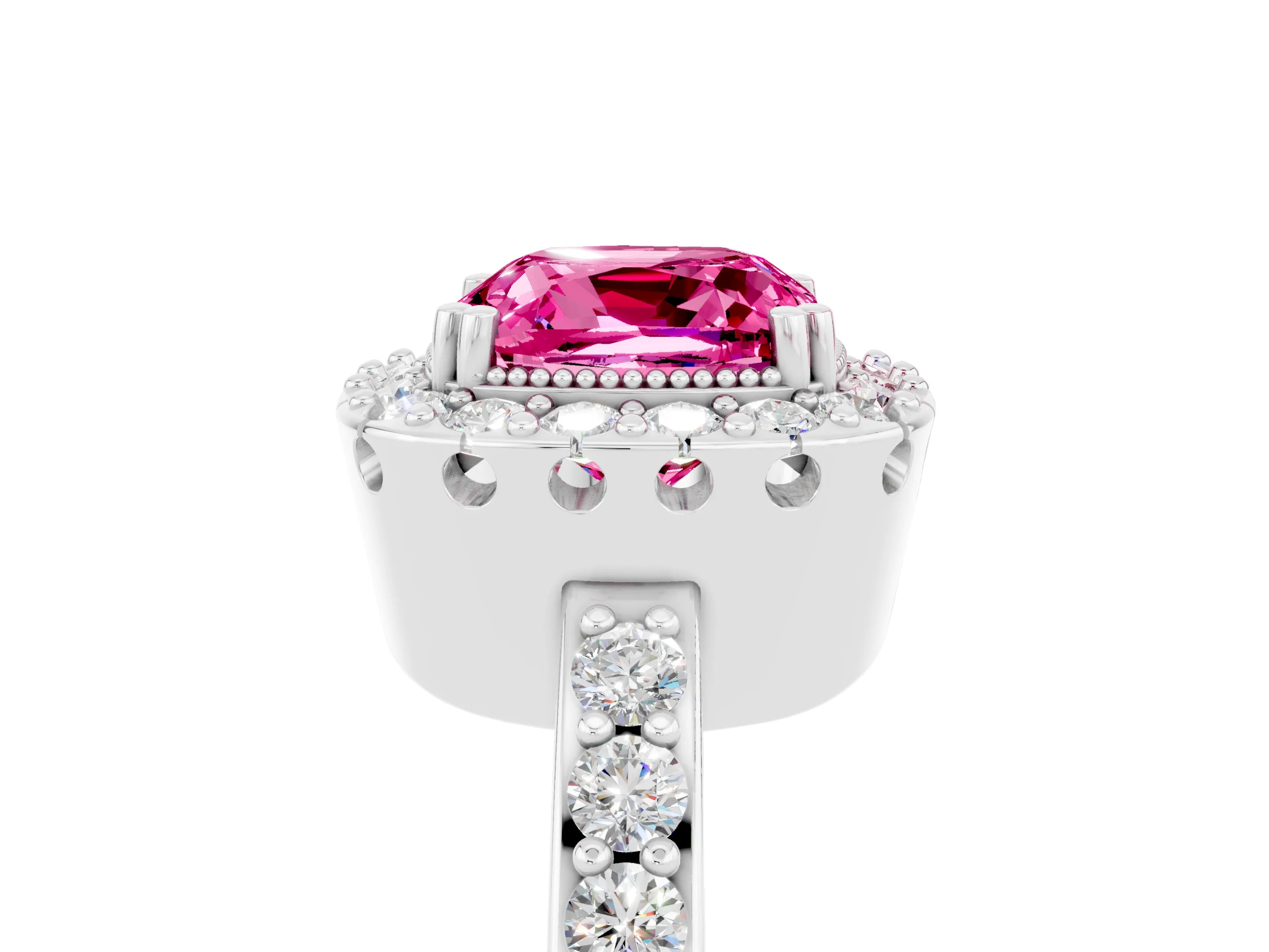 White gold Cushion Cut Pink Sapphire Halo Ring with Pavé Band and Prong Setting_5