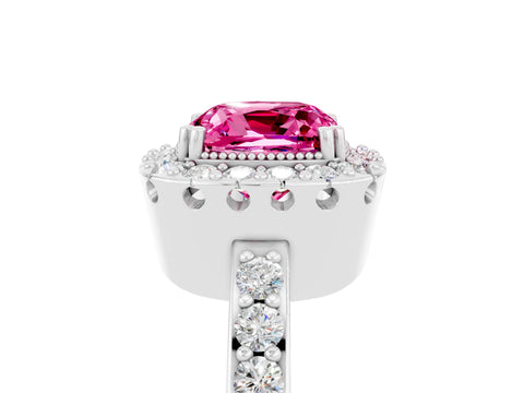 White gold Cushion Cut Pink Sapphire Halo Ring with Pavé Band and Prong Setting_5