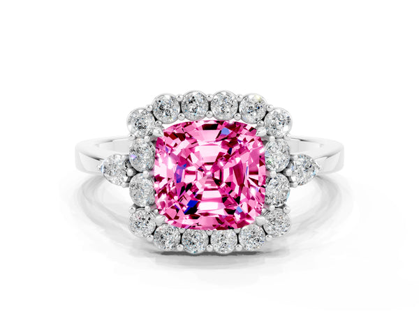 Platinum Cushion Cut Pink Sapphire Halo Ring with Pear Side Stones and Prong Setting