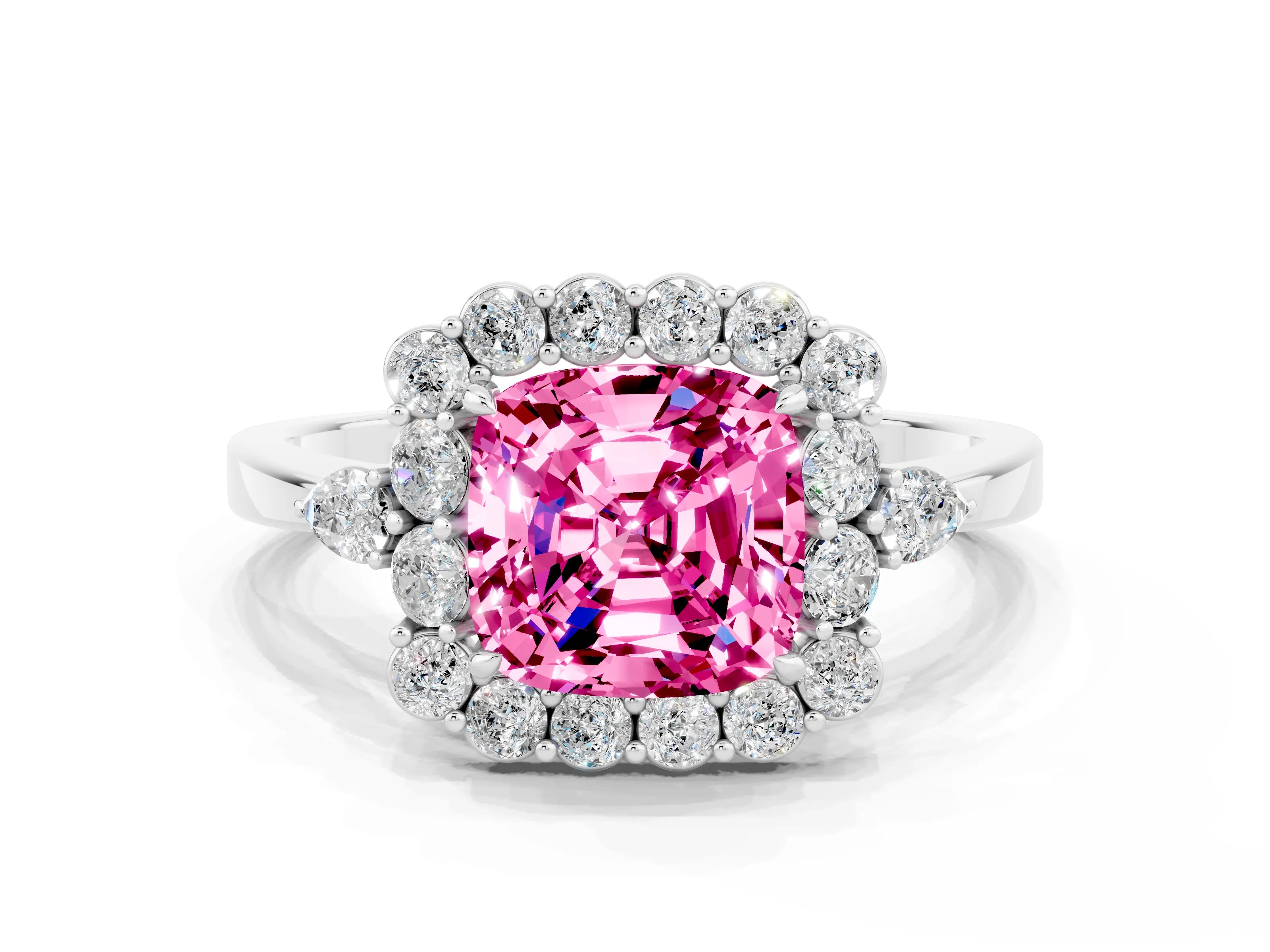 White gold Cushion Cut Pink Sapphire Halo Ring with Pear Side Stones and Prong Setting_24