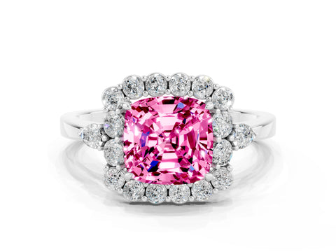 White gold Cushion Cut Pink Sapphire Halo Ring with Pear Side Stones and Prong Setting_24