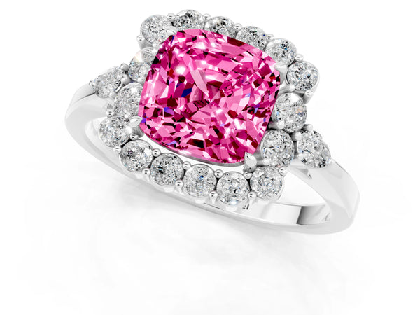 Platinum Cushion Cut Pink Sapphire Halo Ring with Pear Side Stones and Prong Setting