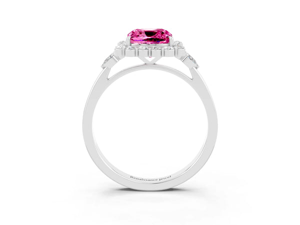 Silver Cushion Cut Pink Sapphire Halo Ring with Pear Side Stones and Prong Setting