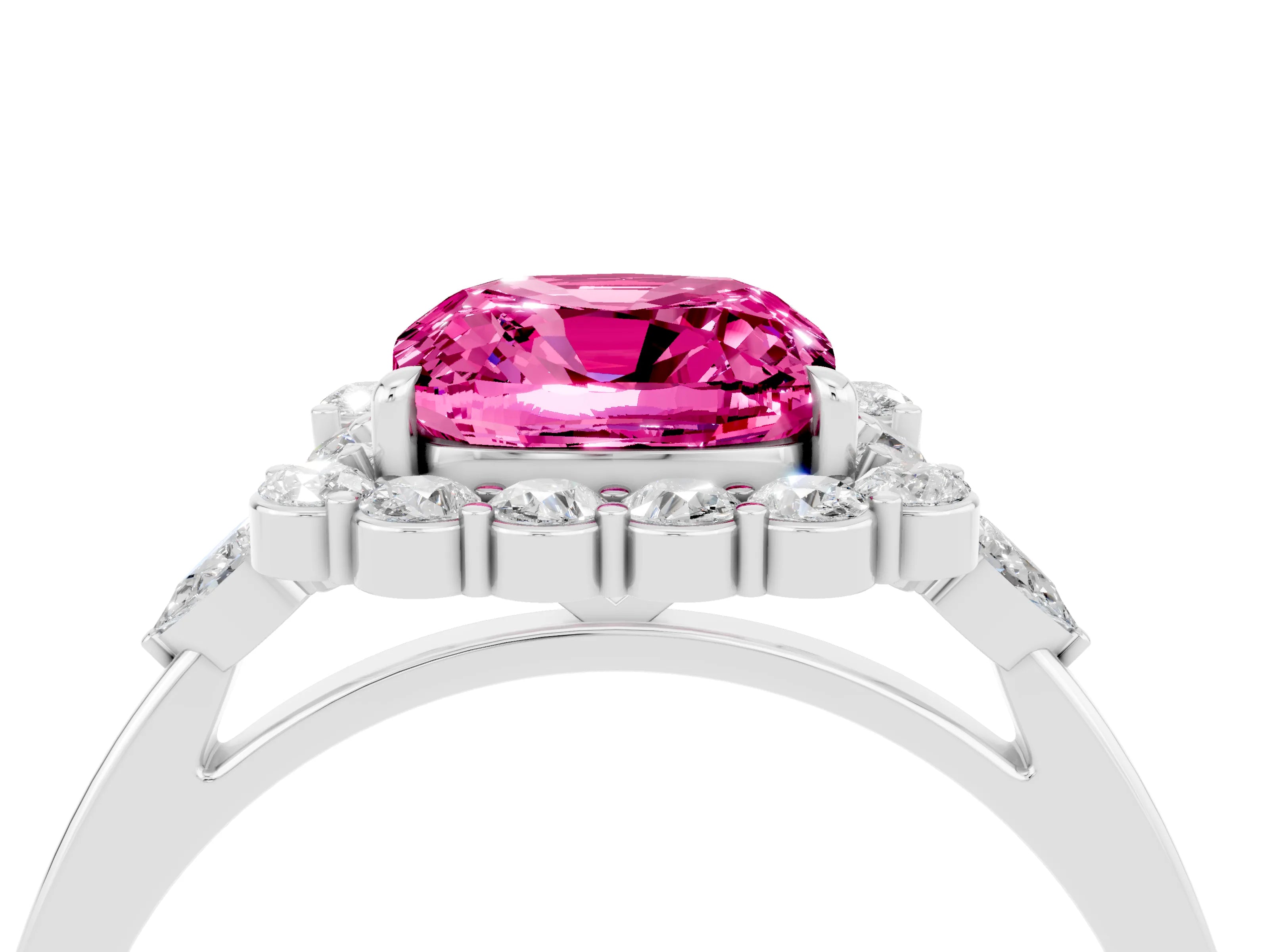 White gold Cushion Cut Pink Sapphire Halo Ring with Pear Side Stones and Prong Setting_28
