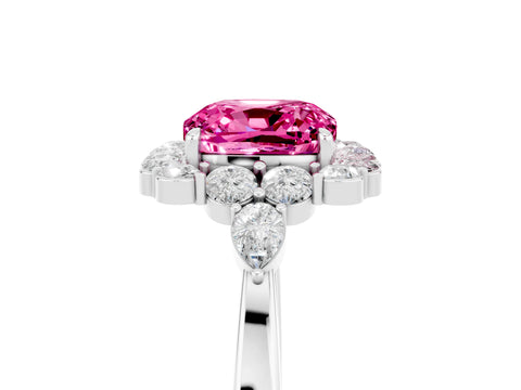 White gold Cushion Cut Pink Sapphire Halo Ring with Pear Side Stones and Prong Setting_29