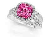 White gold Cushion Cut Pink Sapphire Halo Ring with Round Split Shank and Prong Setting_61
