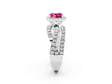 White gold Cushion Cut Pink Sapphire Halo Ring with Round Split Shank and Prong Setting_62