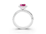 White gold Cushion Cut Pink Sapphire Halo Ring with Round Split Shank and Prong Setting_63