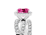 White gold Cushion Cut Pink Sapphire Halo Ring with Round Split Shank and Prong Setting_65
