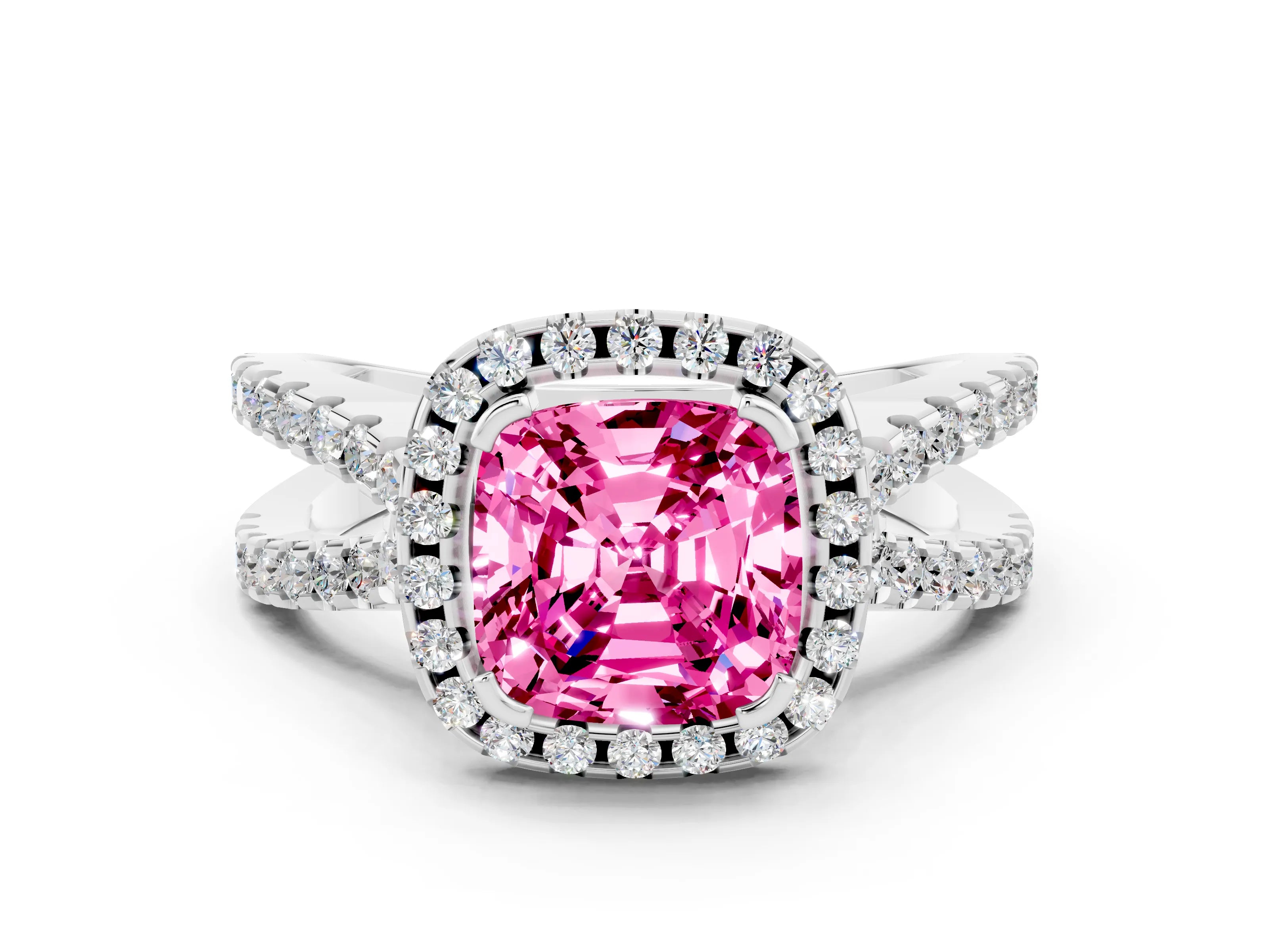 White gold Cushion Cut Pink Sapphire Halo Ring with Split Shank Pavé Band and Prong Setting_12