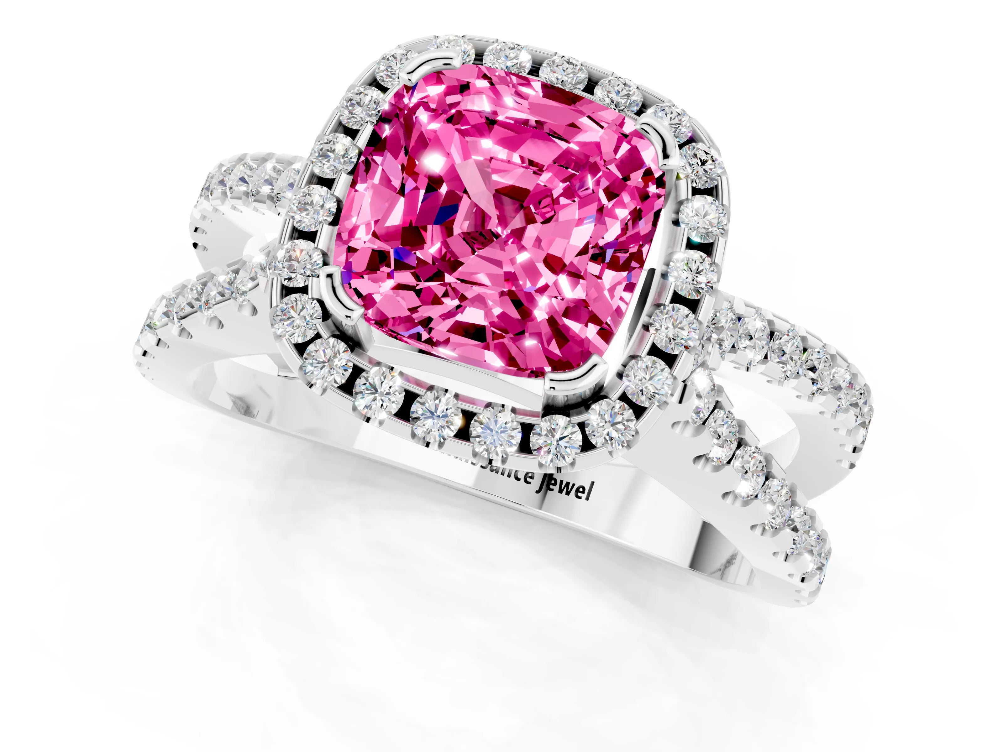 White gold Cushion Cut Pink Sapphire Halo Ring with Split Shank Pavé Band and Prong Setting_13