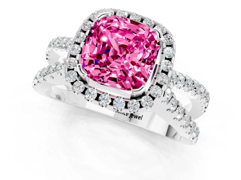 White gold Cushion Cut Pink Sapphire Halo Ring with Split Shank Pavé Band and Prong Setting_13