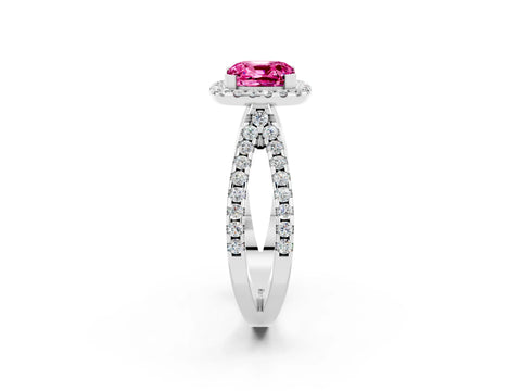 White gold Cushion Cut Pink Sapphire Halo Ring with Split Shank Pavé Band and Prong Setting_14