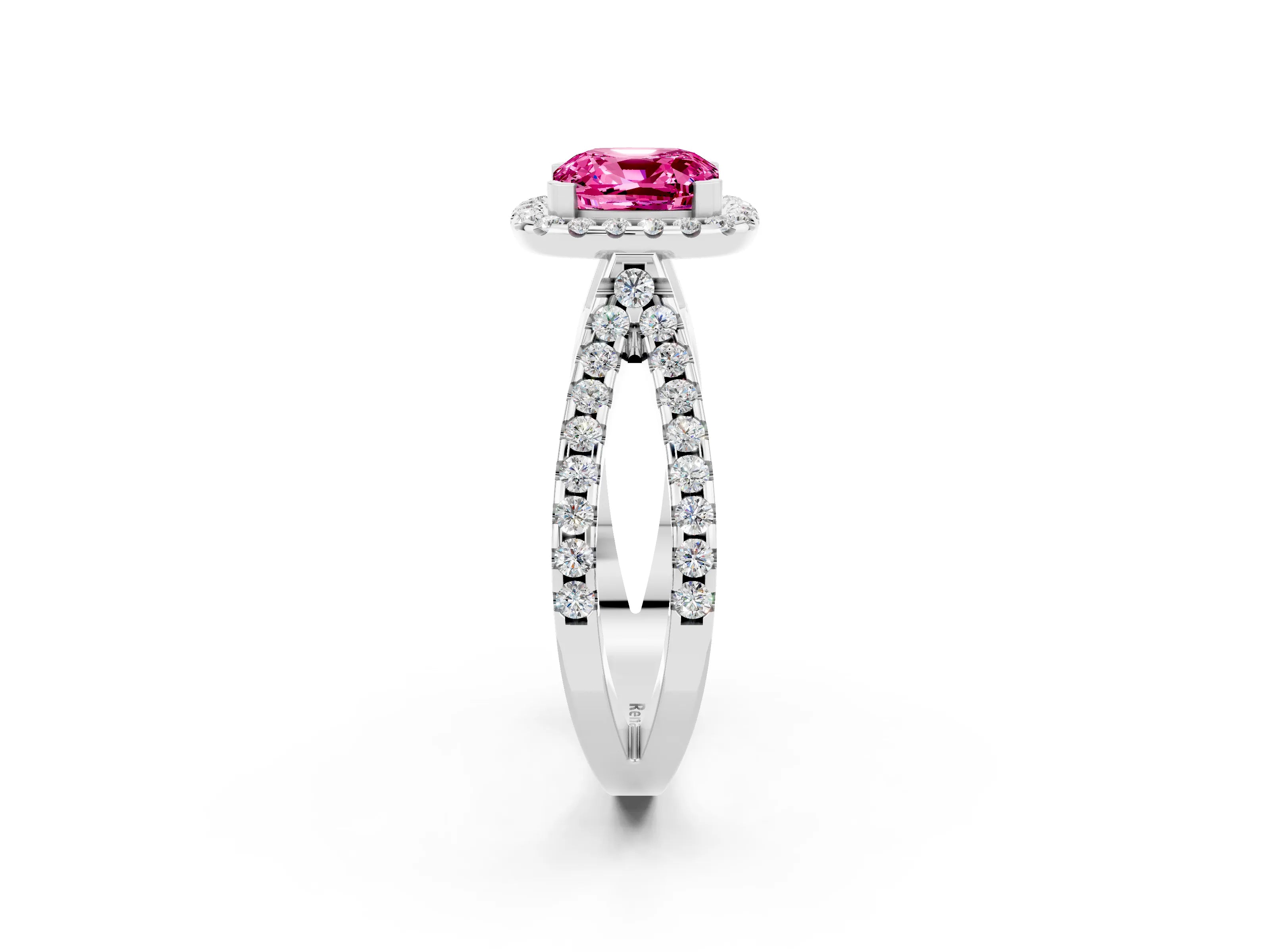 White gold Cushion Cut Pink Sapphire Halo Ring with Split Shank Pavé Band and Prong Setting_14