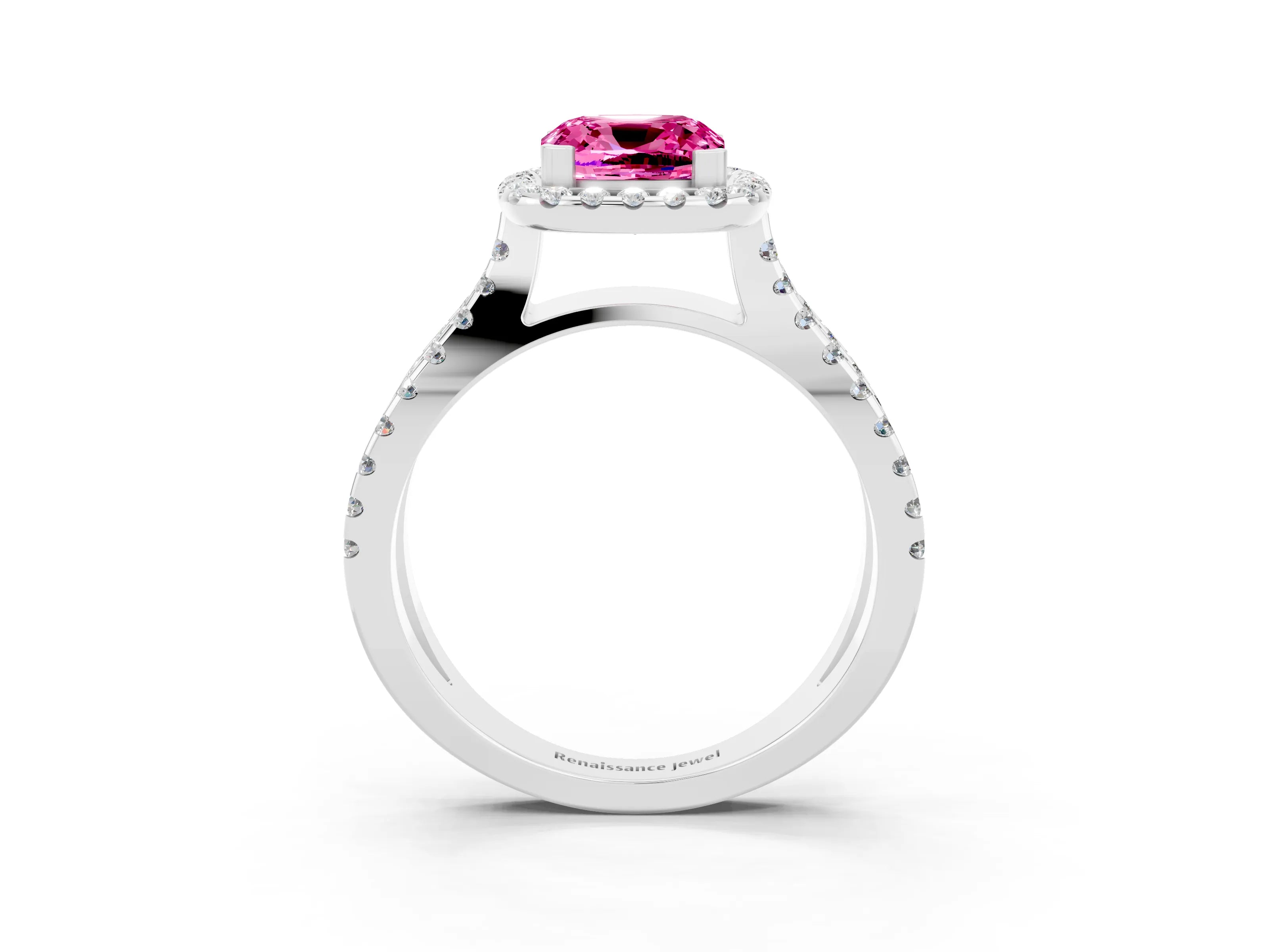 White gold Cushion Cut Pink Sapphire Halo Ring with Split Shank Pavé Band and Prong Setting_15