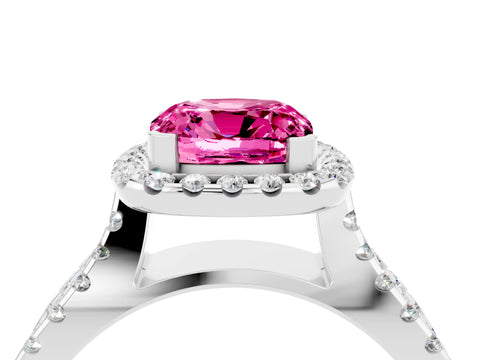 White gold Cushion Cut Pink Sapphire Halo Ring with Split Shank Pavé Band and Prong Setting_16