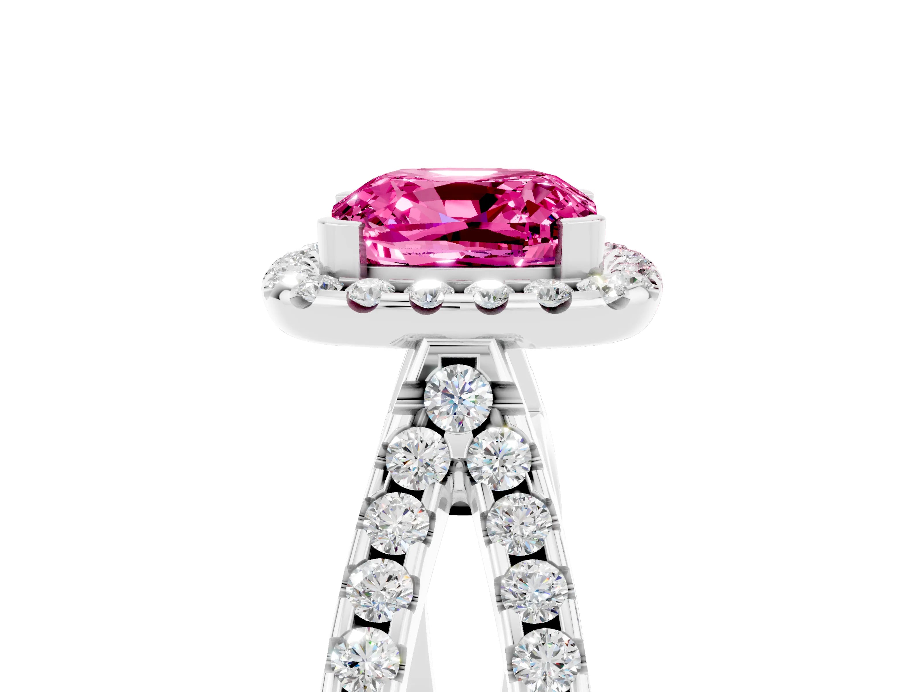 White gold Cushion Cut Pink Sapphire Halo Ring with Split Shank Pavé Band and Prong Setting_17