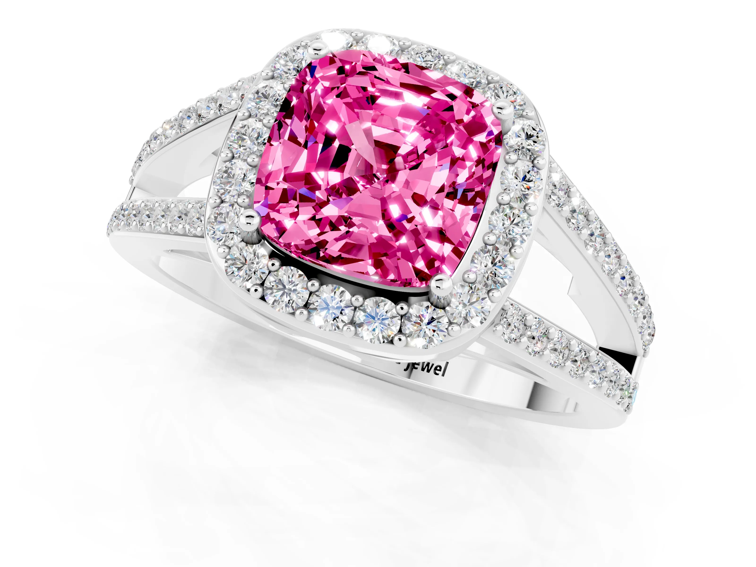 White gold Cushion Cut Pink Sapphire Halo Ring with Split Shank U-Prong Band and Four-Prong Setting_1