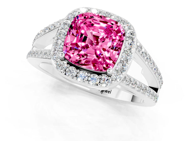 Silver Cushion Cut Pink Sapphire Halo Ring with Split Shank U-Prong Band and Four-Prong Setting