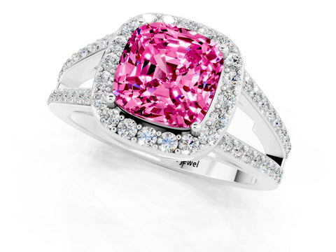White gold Cushion Cut Pink Sapphire Halo Ring with Split Shank U-Prong Band and Four-Prong Setting_1