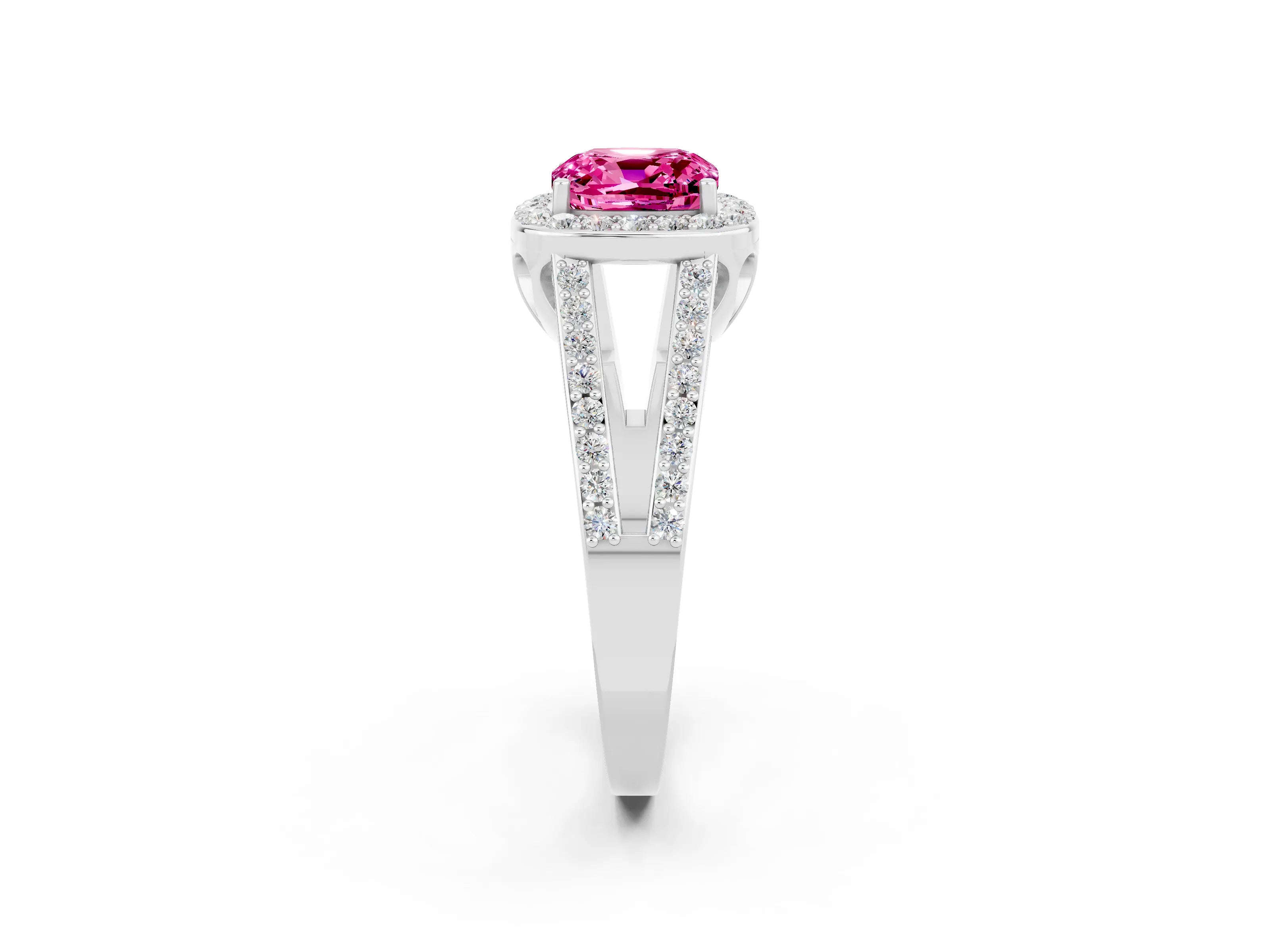 White gold Cushion Cut Pink Sapphire Halo Ring with Split Shank U-Prong Band and Four-Prong Setting_2