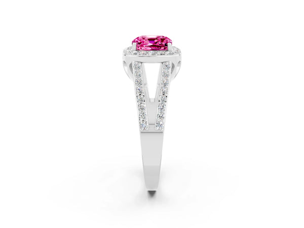 White gold Cushion Cut Pink Sapphire Halo Ring with Split Shank U-Prong Band and Four-Prong Setting