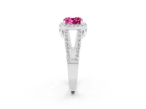White gold Cushion Cut Pink Sapphire Halo Ring with Split Shank U-Prong Band and Four-Prong Setting_2