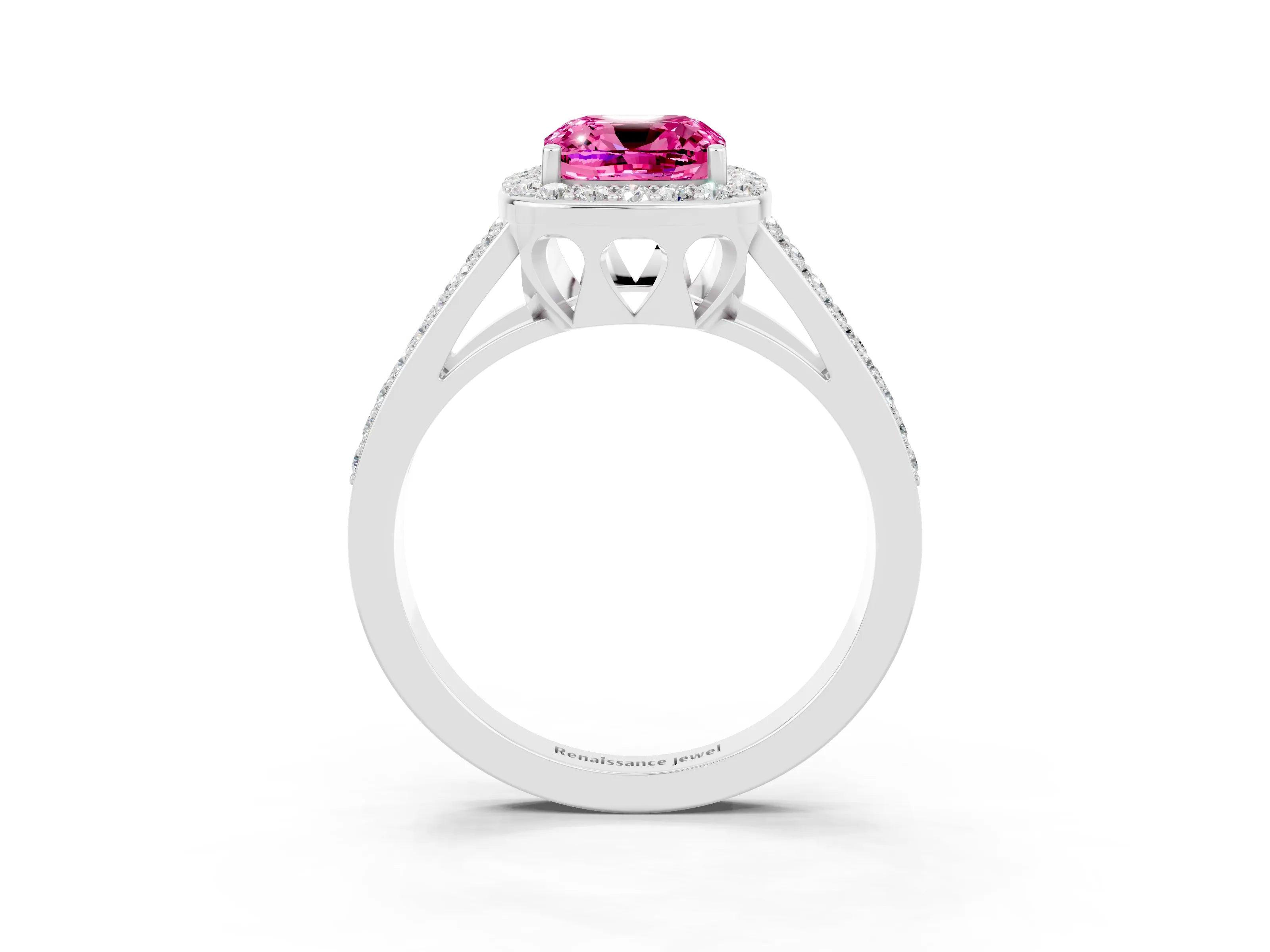 White gold Cushion Cut Pink Sapphire Halo Ring with Split Shank U-Prong Band and Four-Prong Setting_3